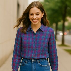 Vintage Alfred Dunner Plaid Print Semi-Sheer Button Down Shirt 6P Multicolour